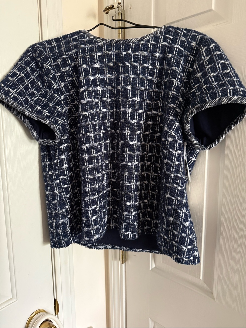 CeCe Navy and White Plaid Tweed Short-Sleeve Top